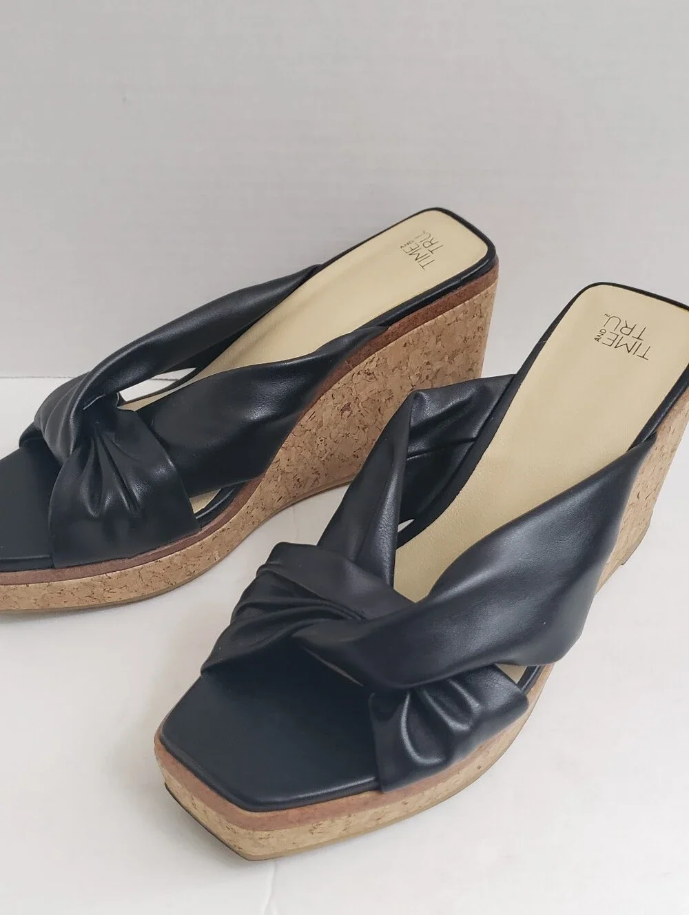 Sz 6 Time And Tru Black Faux Leather Slip On Cork Wedge Heels